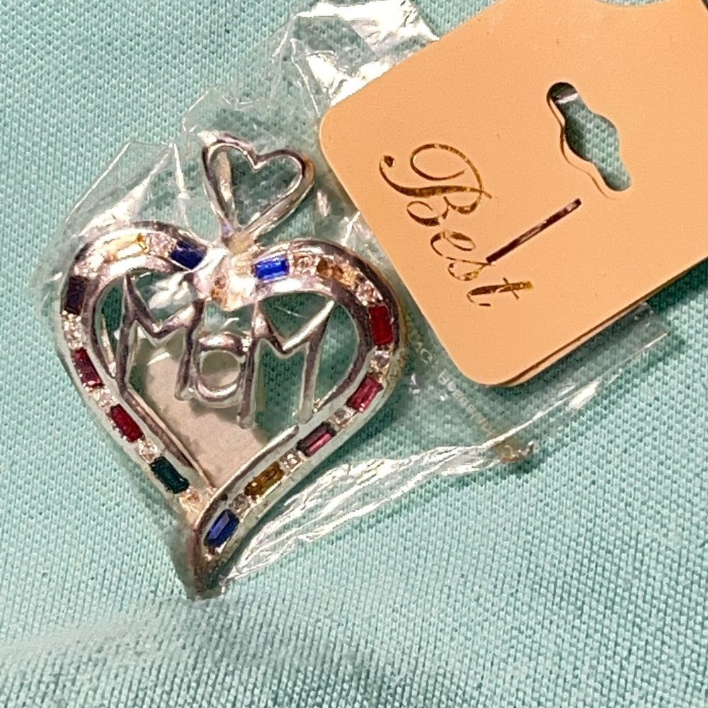 MOM pendant with multi colored stones silver tone 1.5"x 2.25" NWT